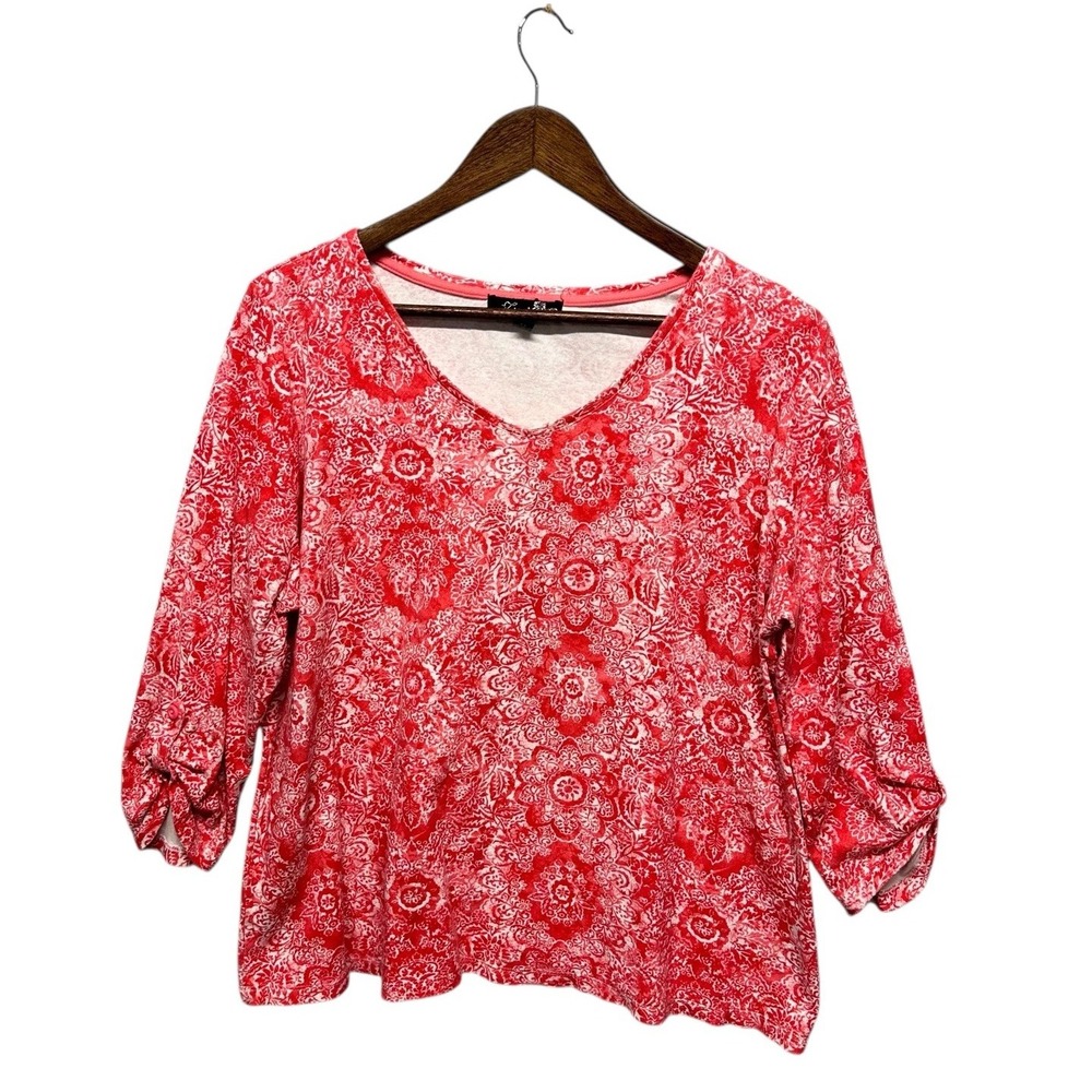 Womens Top Plus Size 2X Floral Knit Pink‎ 3/4 Sleeve Roll Tab V-neck Pink Casual